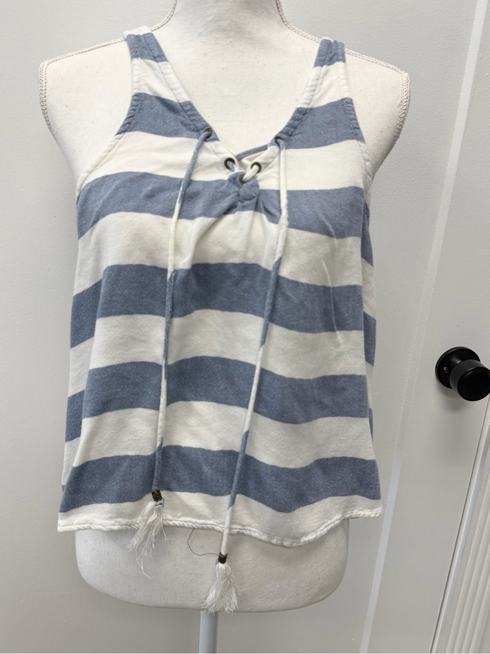 Women’s Blue White Striped Lace-Up Tank Top Boho Casual Beach Sleeveless XL